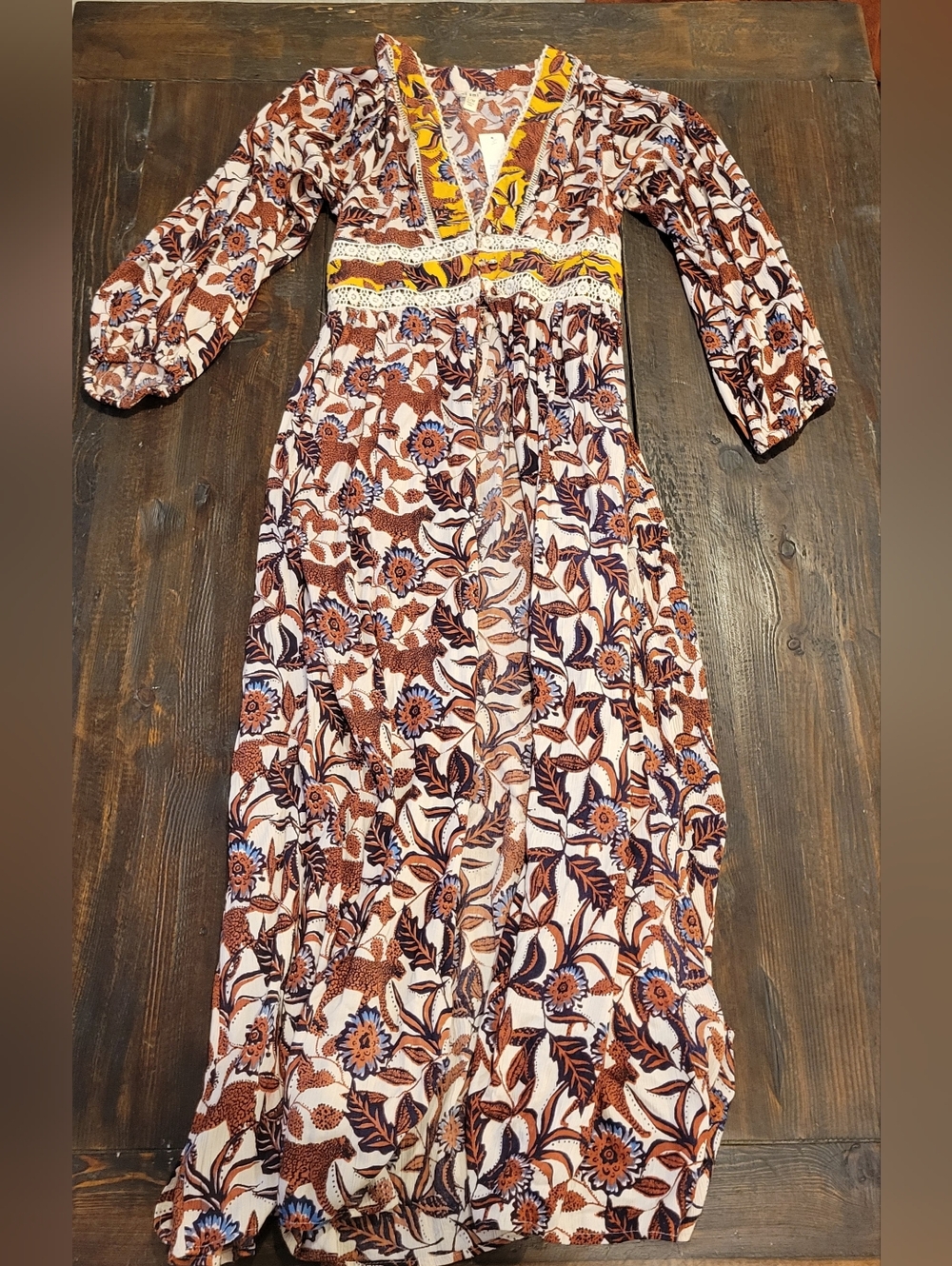 NEW Boho Floral Maxi Duster with Yellow Trim:S/M
